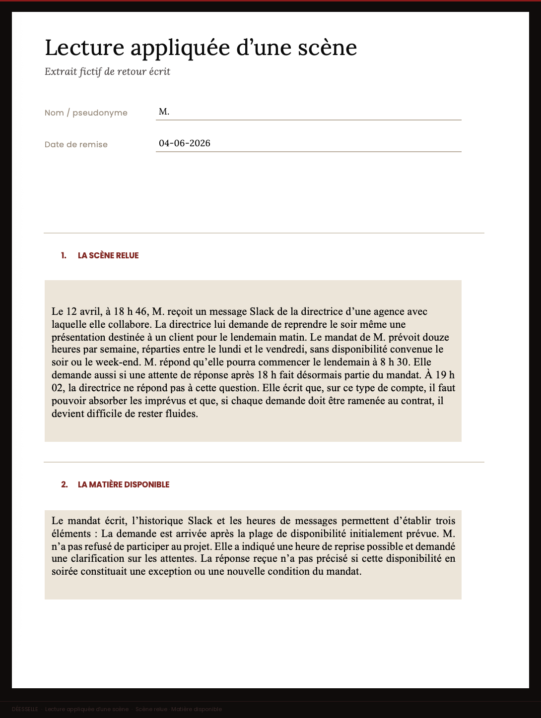 Scène relue · Matière disponible